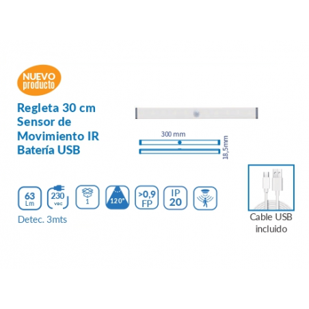 REGLETA LED 30CM CON SENSOR IR-BATERIA USB 3200K