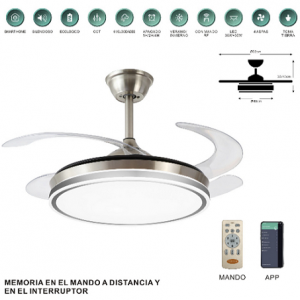 VENTILADOR AMBRA-S 92 CM MOTOR DC 35W WIFI 6 VELOCIDADES 4 ASPAS CROMO MATE