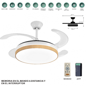 VENTILADOR MINA-S 92 CM MOTOR DC 35W WIFI 6 VELOCIDADES 4 ASPAS BLANCO+MADERA
